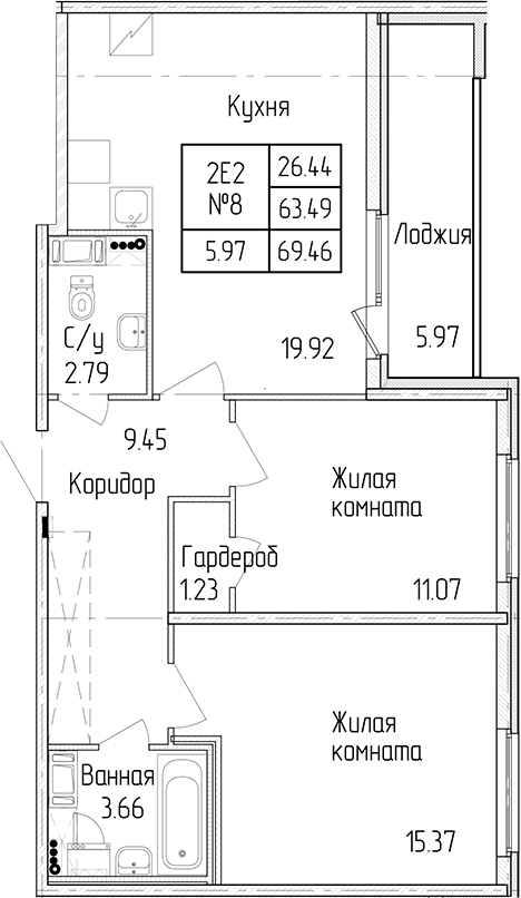 2-комнатная квартира 63.49 м², 2/4 эт., ЖК «Любоград в Стрельне»